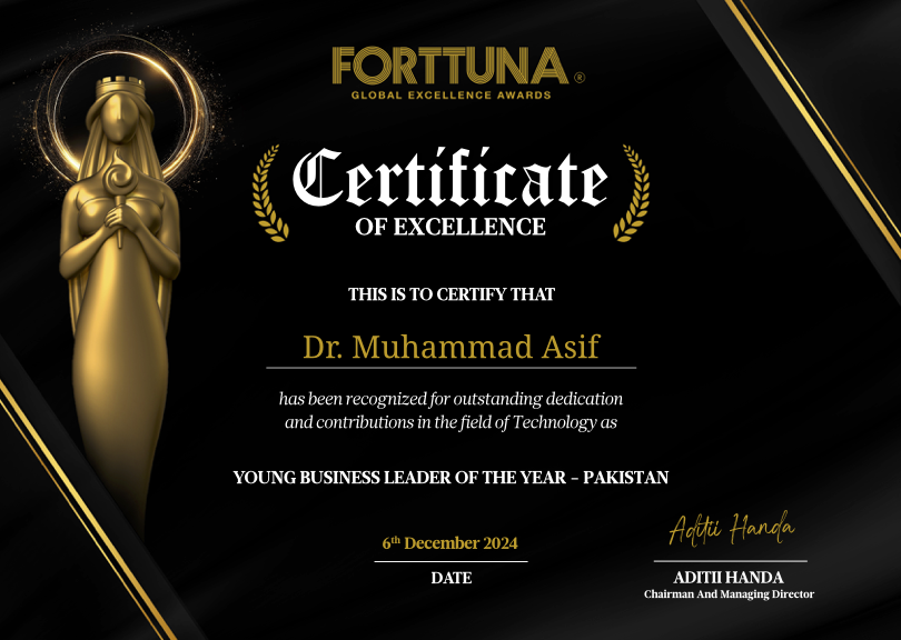 Forttuna Certificate of Excellence naming Muhammad Asif Young Business Leader of the Year (Pakistan) in technology, December 6, 2024