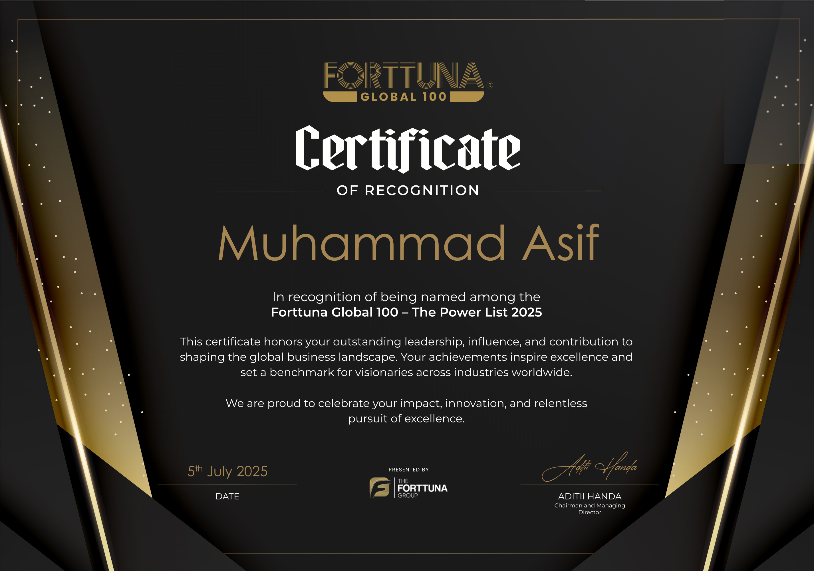 Forttuna Global 100 certificate recognizing Muhammad Asif among The Power List 2025, dated July 5, 2025