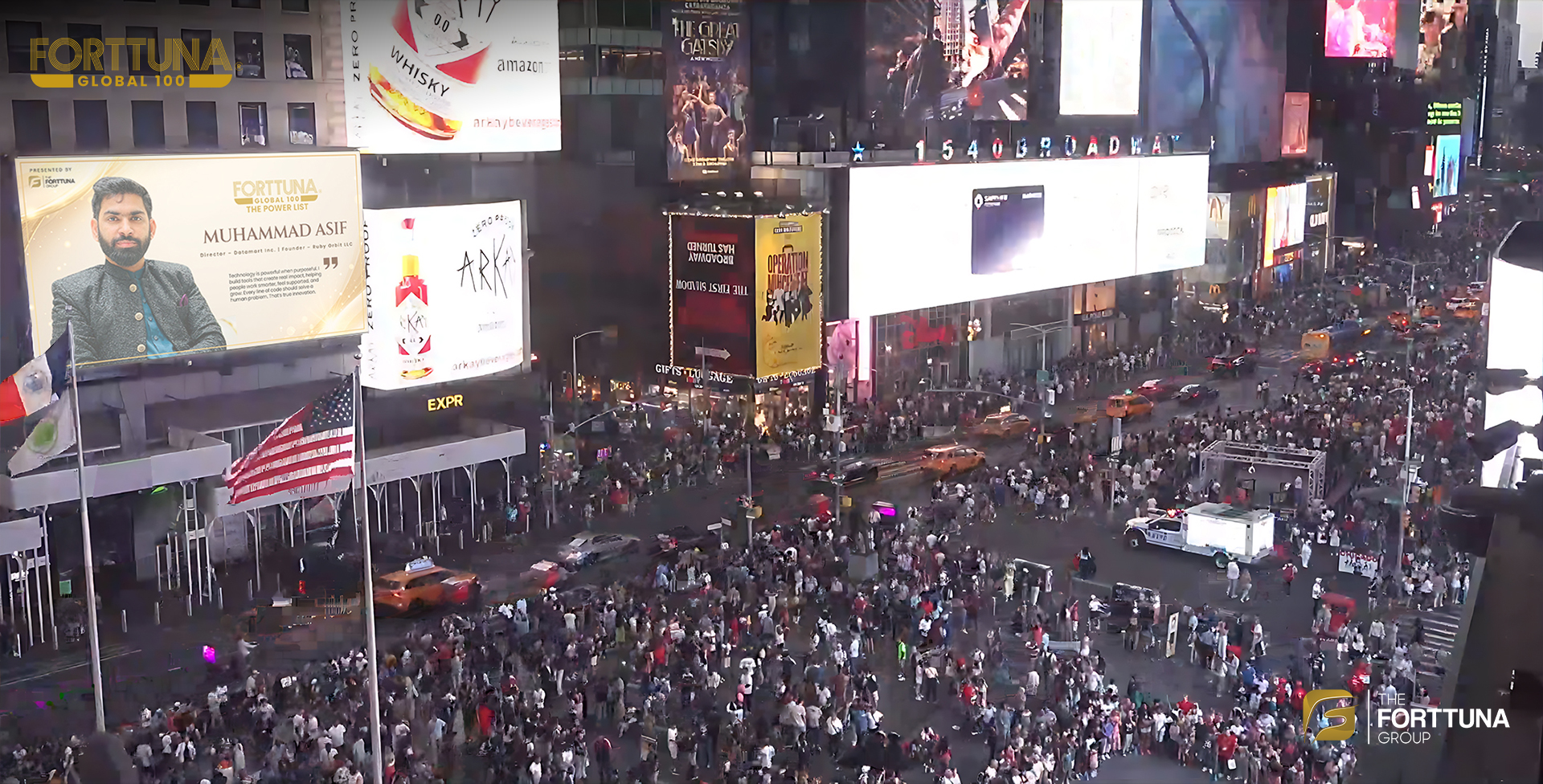 Muhammad Asif’s Forttuna Global 100 recognition displayed on a Times Square billboard in New York